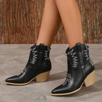 2023 г. Высококачественная Кожаная Женская обувь, Дизайнерские ботинки с острым носком, однотонные Модные Элегантные женские ботинки на квадратном каблуке