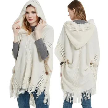 2023 Женская шаль с капюшоном, теплая весенне-осенняя шаль большого размера, вязаный свитер с капюшоном на пуговицах