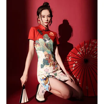 2023 Летний Сексуальный Короткий Чонсам с модным принтом, современное улучшенное Винтажное Элегантное Тонкое Вечернее платье Ципао в китайском стиле для женщин