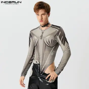 2023 Мужские боди с круглым вырезом и длинным рукавом, прозрачный облегающий комбинезон, Мужские футболки, Уличная одежда, Сексуальное модное боди INCERUN