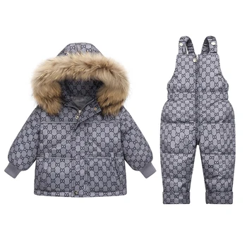 -30 градусов Комплект детской одежды Зимняя куртка на утином пуху Теплое детское пальто с капюшоном Зимний комбинезон Парка для маленьких девочек Меховой комбинезон для маленьких мальчиков