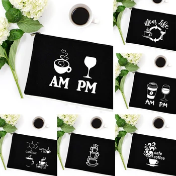 AM Coffee PM Косметичка с принтом вина, холщовая сумка для макияжа в стиле харадзюку, губная помада, косметичка Mama Life, клатч, переносная сумочка для путешествий