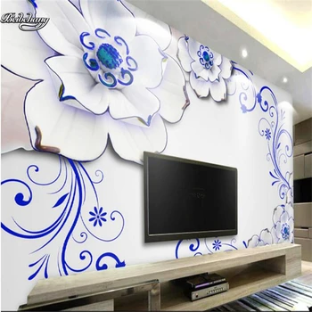 beibehang Классический сине-белый фон для телевизора с тиснением магнолии, изготовленная на заказ большая фреска из нетканых материалов, экологические обои