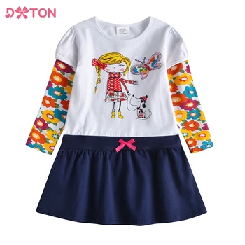 DXTON Зимние платья для девочек Повседневное хлопковое детское платье с длинным рукавом для девочек с цветочными аппликациями Детское платье в стиле пэчворк Одежда для девочек
