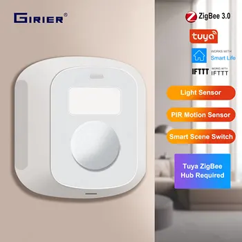 GIRIER Tuya Smart ZigBee Scene Switch с PIR-датчиком Монитор движения человека 3-В-1 Детектор света Работает с приложением Smart Life