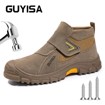 GUYISA Защитная обувь мужская для работы, размер 37-48 коричневая, защита от ожогов сварщика, стальной носок.