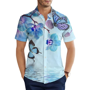 HX Модные Гавайские Рубашки С Животными, Растительная Голубая Орхидея, Бабочка, Повседневные Рубашки С 3D Принтом, Мужские Летние Топы С Коротким Рукавом, Camisas