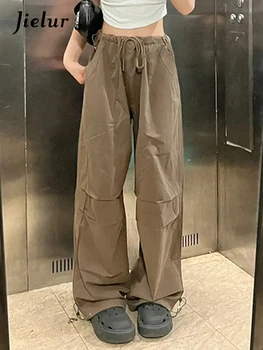 Jielur, Винтажные Сексуальные брюки-карго с завязками в американском стиле, Свободные Прямые Тонкие Офисные женские Однотонные женские брюки полной длины