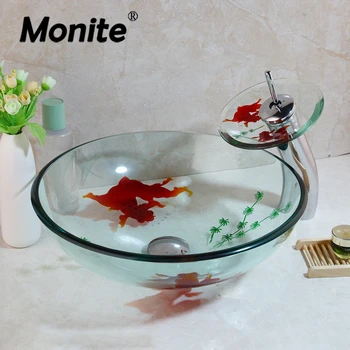 Monite Золотая рыбка ручная роспись ванная комната Temperred стекло сосуд раковина латунный кран всплывающих стока раковины набора