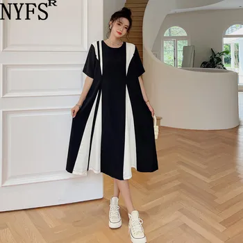 NYFS 2023 Летнее Новое Корейское женское платье Vestidos Robe Elbise Из полиэстера свободного кроя, Плюс размер, длинное платье с коротким рукавом, L-4XL
