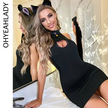 Ohyeahlady платье для девочки-кошки для косплея на Хэллоуин, сексуальное женское белье с открытой спиной, униформа, нижнее белье для ночного клуба, черная юбка для ягодиц, комплект