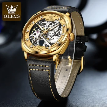 OLEVS 6651 Модные мужские часы с полой резьбой, автоматический механический Водонепроницаемый ремешок из натуральной кожи, мужские наручные часы со светящимся