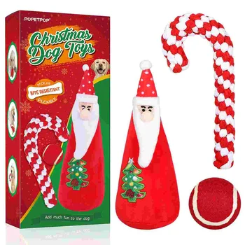 POPETPOP 3 шт./упак. Рождественские игрушки для щенков, плюшевые игрушки для домашних животных, трость-неваляшка, жевательные игрушки с шариками