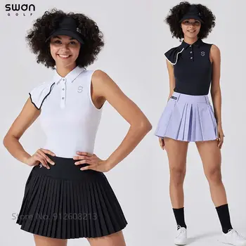 SG Летняя женская футболка-поло без рукавов с рюшами, облегающие топы для гольфа, жилет, женская юбка для гольфа с высокой талией, Спортивные плиссированные комплекты кюлотов
