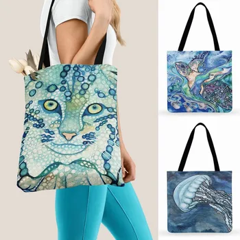 Абстрактная Акварельная сумка-тоут с принтом Ocean Spirit, женская повседневная сумка-тоут, женская сумка через плечо, уличная пляжная сумка, складные сумки для покупок