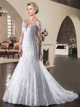 Аппликации Vestido De Noiva, Приталенное платье с длинным рукавом, Длинное платье, кружевное свадебное платье трапециевидной формы Robe de mariee