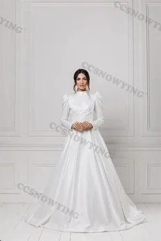 Атласные Аппликации Из Бисера Мусульманское Свадебное Платье для Невесты С Длинным Рукавом Хиджаб Исламские Свадебные Платья Арабский Дубай Vestidos De Novia