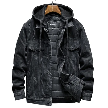 Более толстая зимняя черная джинсовая куртка с капюшоном, верхняя одежда, Теплая мужская подкладка, толстая хлопковая ковбойская куртка, пальто большого размера 5XL