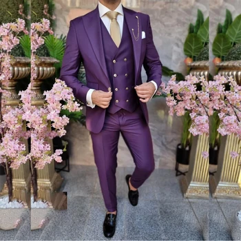 Великолепные фиолетовые мужские костюмы Однобортный с остроконечным лацканом Приталенный плоский обычной длины пиджак из 3 предметов Брюки Жилет Офисный блейзер