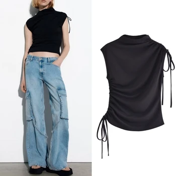 Весенне-летняя новая женская одежда со стоячим воротником, без рукавов, с завязками, плиссированный черный универсальный модный тонкий топ-футболка