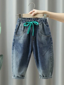 Весенне-осенние новые джинсы для мальчиков, модные детские свободные повседневные брюки, джинсы с надписью на заднем кармане, тонкие