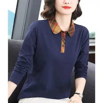 Весенне-осенний женский пуловер с воротником-ПОЛО, однотонная нижняя рубашка с принтом на пуговицах, свободного кроя, модные повседневные топы