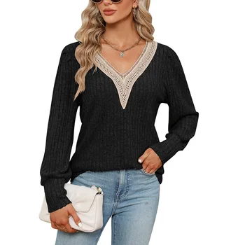 Весенне-осенняя женская кружевная блуза свободного кроя с V-образным вырезом и длинными рукавами в полоску, повседневная офисная блузка, футболка, женский пуловер