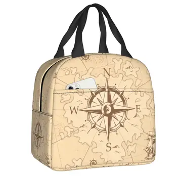 Винтажная карта Пиратов Изолированная сумка для ланча Морской компас Якорь Портативный холодильник Термос для ланча для женщин Детская сумка для еды