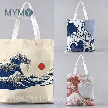 Винтажные сумки для рисования Kanagawa Waves Для женщин, экологически чистый холст, моющийся, Повседневная сумка-тоут, органайзер для хранения покупок, сумка через плечо