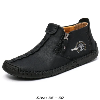Высококачественные кожаные ботинки до щиколотки для мужчин, утепленные хлопком, новинка 2023, осень-зима, размер 48 49 50, плюшевая теплая прогулочная обувь коричневого цвета