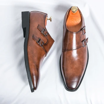 Горячая Официальная Мужская Кожаная Обувь 2023 Года, Модная Социальная Обувь С Монашеским Ремешком Для Мужчин, Черные Классические Модельные Туфли, Резиновая Деловая Обувь Для Взрослых