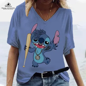Горячая распродажа Летних Новых женских футболок Disney Brand Stitch с героями мультфильмов Harajuku, Сексуальные женские модные повседневные топы с V-образным вырезом и коротким рукавом