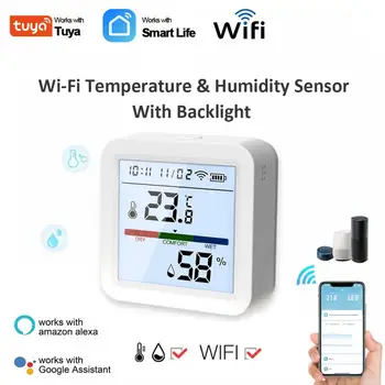 Датчик температуры влажности Tuya Wifi с подсветкой, внутренний гигрометр, детектор термометров, удаленная поддержка Alexa Google Home