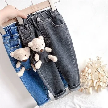 Детские джинсы 2-6 лет для маленьких девочек и мальчиков, джинсовые брюки с милым мультяшным медведем, весенне-осенние детские джинсовые брюки