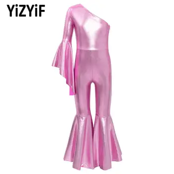 Детский комбинезон с металлическим узором для девочек, джазовый танцевальный костюм на одно плечо, блестящий расклешенный низ, тематическое представление для вечеринок, детское модное боди