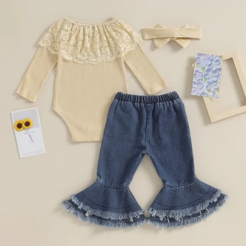 Джинсовые брюки-клеш для маленьких девочек, кружевной комбинезон с открытыми плечами, джинсовые брюки, модный комплект одежды для малышей