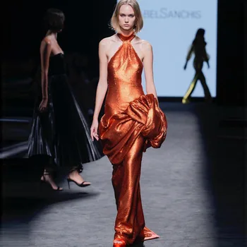 Дизайн Оранжевых платьев с блестками для вечеринок Модные длинные вечерние платья с открытой спиной на бретелях, пышные платья для выпускного вечера в стиле Русалки с оборками, женские