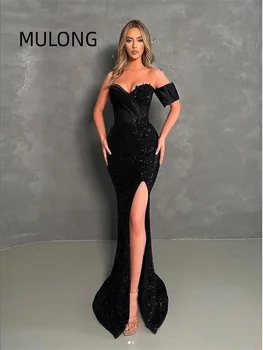 Длинное вечернее платье без рукавов с блестками MULONG с разрезом сбоку, милое черное платье русалки, сексуальные платья для выпускного вечера 2023, роскошное платье