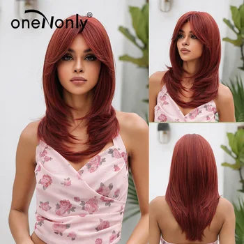 Длинный прямой парик oneNonly, красные парики с челкой для женщин на каждый день, натуральные синтетические парики из термостойких волокнистых волос