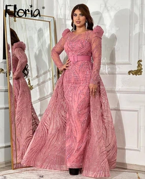 Дубайское Розовое вечернее платье со съемным шлейфом, Мусульманское платье большого размера, Vestido De Noiva, с круглым вырезом, длиной до пола, Элегантные платья для торжественных случаев 2024 г.