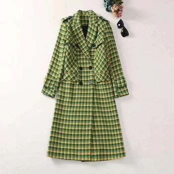 Европейское и американское женское платье 2023, новинка зимы, костюм с длинными рукавами, двубортный воротник, зеленое клетчатое модное шерстяное пальто XXL