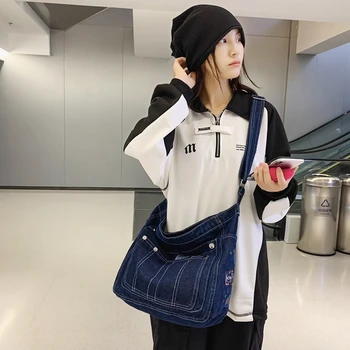 Женская джинсовая сумка с вышивкой, сумки-мессенджеры, джинсовая сумка Y2K, Джинсовая эко-сумка, Корейская сумка для покупок, сумка через плечо, холщовая сумка на молнии