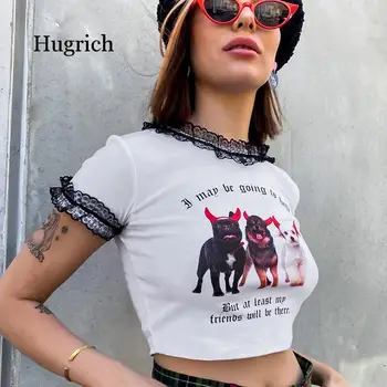 Женская новая летняя приталенная футболка с коротким рукавом и принтом собаки 2021, кружевная нижняя уличная одежда, футболка