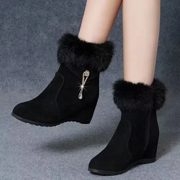Женская обувь на плоской подошве из коровьей замши до середины икры, модные зимние короткие плюшевые женские туфли, однотонные ботинки без застежки с круглым носком