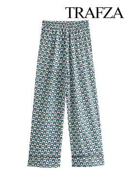 Женские повседневные брюки TRAFZA с геометрическим принтом и эластичной резинкой на талии, весенние женские винтажные шикарные брюки со свободными складками, уличная одежда