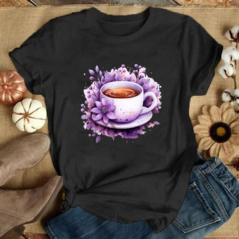 Женские футболки с буквенным принтом Flower Coffee, рубашки с коротким рукавом Flower Coffee, Летняя футболка с круглым вырезом, повседневные забавные топы, тройники