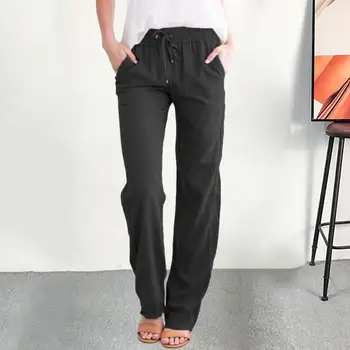 Женские хлопчатобумажные льняные брюки С летними карманами, Свободные мешковатые брюки с завязками, женские повседневные эластичные брюки до щиколоток с высокой талией