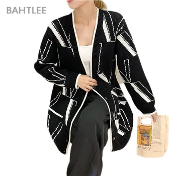 Женские шерстяные кардиганы BAHTLEE, Свитер из жаккардовой ткани, Вязаный джемпер с длинными рукавами и V-образным вырезом, Свободный стиль, Черный цвет