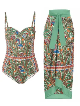 Женский купальник 2023 с винтажным принтом, цельный купальник, комплект бикини, купальный костюм, пляжная одежда
