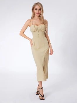 Женский повседневный корсет без рукавов, однотонное платье миди с разрезом, струящиеся пляжные длинные платья трапециевидной формы